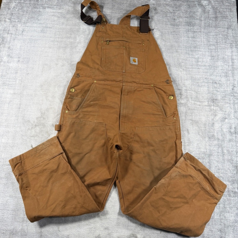 Carhartt Overalls Mens 34x30 Brown Relaxed Fit Duck Canvas Workwear Bibs R01-M
